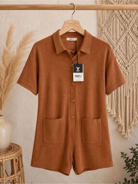 Very J Button Front Knit Romper Rust Brown NWT Comfy Minimalist Chic